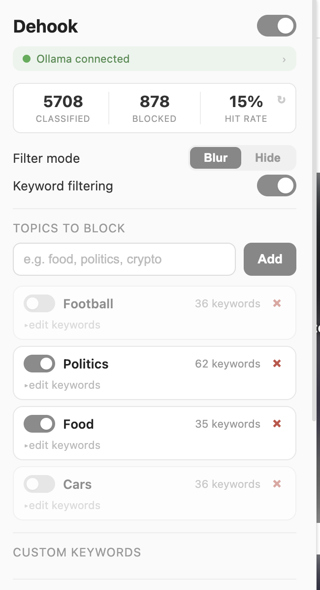 Dehook popup — topics and filter settings