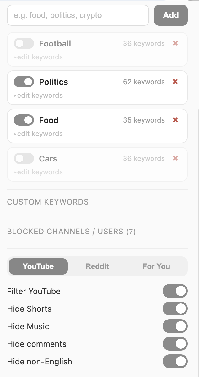 Dehook popup — channels and toggles